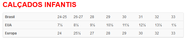 tabela de calçado infantil